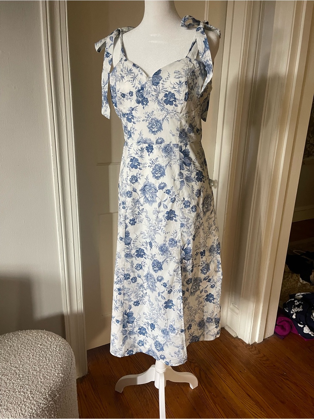 Audrey Parks Blue White Toile Floral Corset Mini Dress Size M
